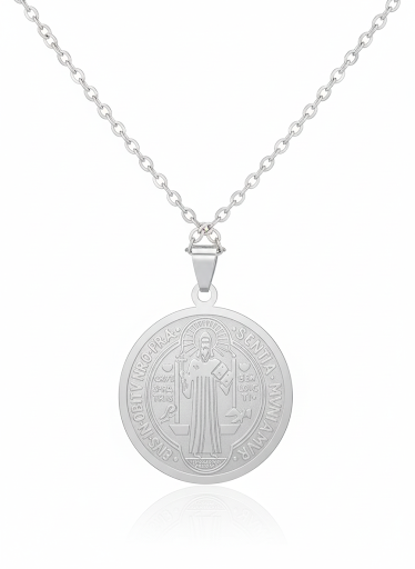 Medal and chain Stainless steel Silver, San Benedict Medal