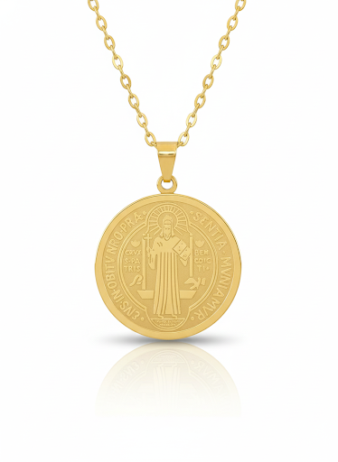 Medal and chain Stainless steel Gold, San Benedict Medal